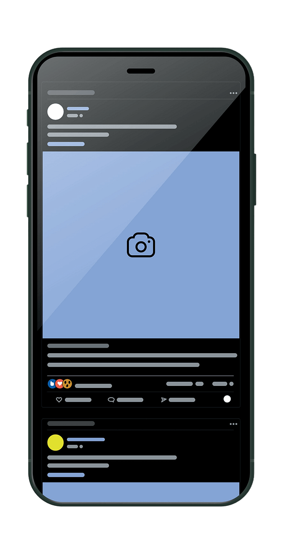 Smartphone displaying a social media post interface with placeholders for images and user interactions.