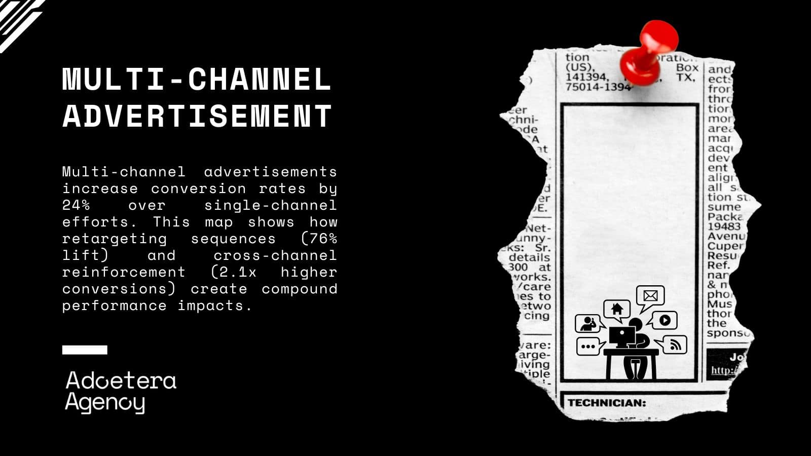 Graphic from Adoetera Agency promoting multi channel advertisement. The image highlights that multi-channel advertisements increase conversion rates by 24% over single-channel efforts, showing how retargeting sequences and cross-channel reinforcement create compound performance impacts. A torn newspaper clipping with a pin symbolizes traditional advertising methods transforming through digital multi-channel strategy.